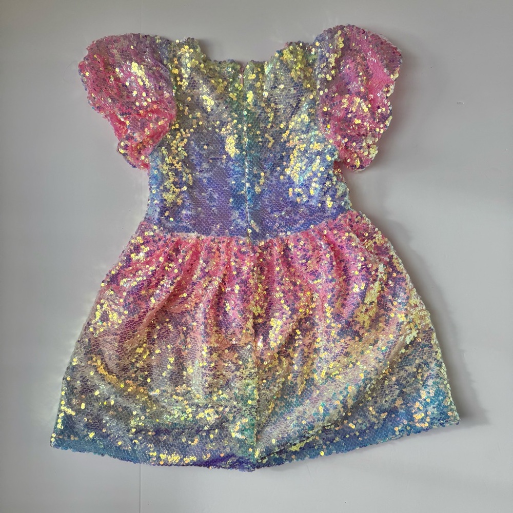 Lola and the Boys Rainbow Ombre Sequin Puff Sleeve Dress Girls Size 6 - Picture 3 of 5